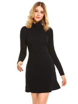 

Black Turtleneck Long Sleeve Backless Slim Fit Pullover Sweater Dress, Multicolor