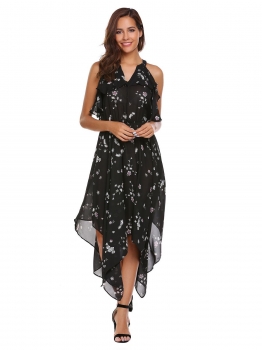 

Black Sleeveless Floral Chiffon Ruffles Dress, Multicolor
