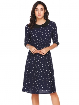 

Blue Half Sleeve Dot Doll Collar Split Tunic Swing Casual Dress, Multicolor