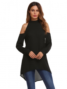 

Black Stand Collar Long Sleeve Cold Shoulder Asymmetric Loose Tops, Multicolor