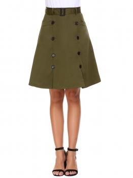 

Army green High Waist Buttons Solid A-Line Skirt with Lining, Multicolor