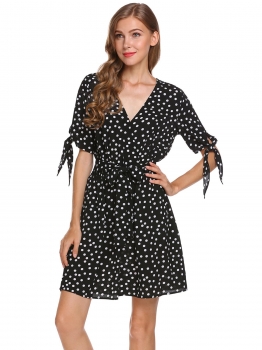 

Black Surplice Neck Bow Tie Sleeve Dot Dress with Belt, Multicolor