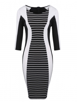 

Black Women 3"4 Sleeve Striped Contrast Color Patchwork Bodycon Party Pencil Dress, Multicolor