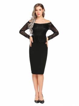 

Black Women Off Shoulder Long Sleeve Lace Patchwork Bodycon Party Peplum Pencil Dress, Multicolor