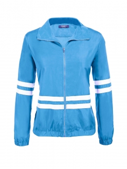 

Blue Women Stand Collar Long Sleeve Contrast Color Full Zipper Up Jacket With Pocket, Multicolor