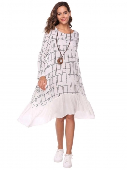 

White O-Neck Long Sleeve Patchwork Plaid Asymmetrical Hem Loose Dress, Multicolor