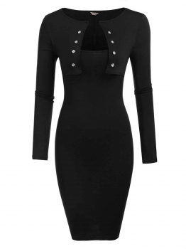 

Black Business Buttons Side Long Sleeve Solid Bodycon Pencil Dress, Multicolor