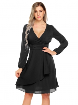 

Black Elegant V-Neck Long Sleeve Ruched Waist Cascading Ruffles Party A-Line Dress, Multicolor