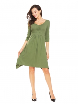 

Army green Women V-Neck 3"4 Sleeve Solid Irregular Slim Fit Casual Empire Waist Dress, Multicolor