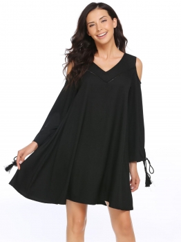 

Black Cold Shoulder Long Sleeve V-neck Shift Loose Casual Dress, Multicolor