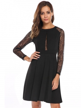 

Black Long Sleeve Lace Patchwork Pleated Dress, Multicolor