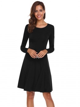 

Black O Neck Long Sleeve Slim Waist Ruffles Swing Dress, Multicolor