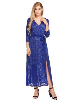 

Blue Deep V-neck 3"4 Sleeve Lace Split Dress with Belt, Multicolor