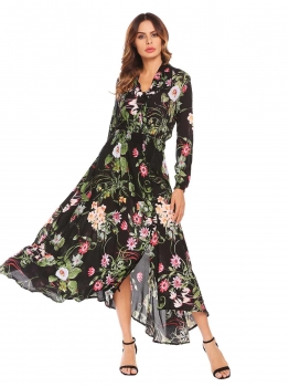 

Black Bohemian Shawl Neck Long Sleeve Floral Button Front Split Maxi Beach Dress, Multicolor
