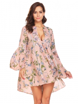 

Pink Women Bohemian V-Neck Flare Sleeve Floral Lace Patchwork Casual Dress, Multicolor