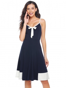 

Navy blue Spaghetti Strap Bow Backless Patchwork Dress, Multicolor
