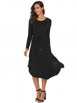 

Black Long Sleeve Drawstring Waist Asymmetrical Dress, Multicolor