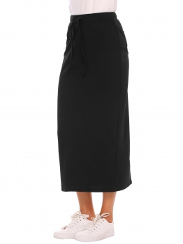 

Black Elastic High Waist Solid Tie Pencil Slim Slit Skirt, Multicolor