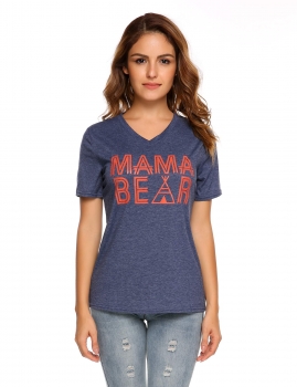 

Blue Short Sleeve V-neck Basic Tee Print Loose T-shirt, Multicolor
