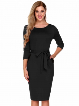 

Black 3"4 Sleeve Contrast Color Neck Belted Pencil Dress, Multicolor
