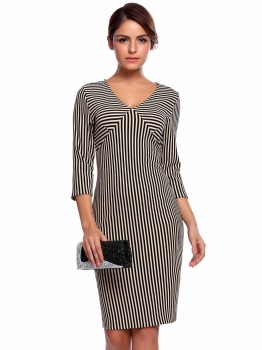 

Khaki Sexy 3"4 Sleeve Striped V Neck Wear to Work Business Pencil Dress, Multicolor