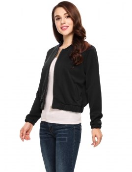 

Black Long Sleeve Solid Zip-up Short Bomber Jacket, Multicolor