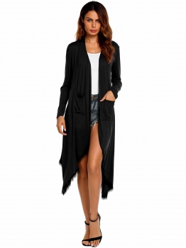 

Black Long Sleeve Lace Patchwork Waterfall Asymmetric Solid Drape Open Long Cardigan, Multicolor