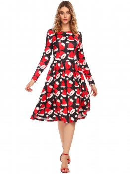 

Red and Black O-Neck 3"4 Sleeve Patchwork Pleated Christmas Maxi Dress, Multicolor