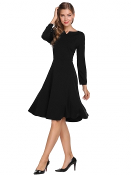 

Black Solid Long Sleeve Notch Neck Pleated Dress, Multicolor