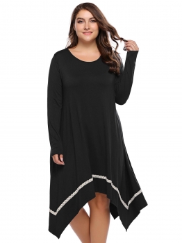 

Black O-Neck Long Sleeve Lace-trimmed Asymmetric Loose Dress, Multicolor