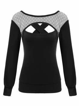 

Black Women O-Neck Long Sleeve Lace Patchwork Thread Hem and Cuffs Front Hollow Out Sexy Blouse Tops, Multicolor