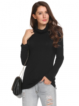 

Black Long Sleeve Solid Half Turtle Neck Hem Split Tops, Multicolor