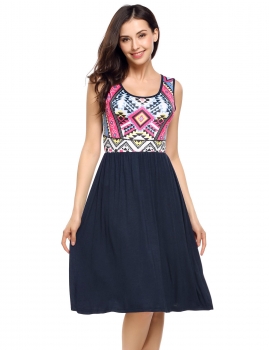 

Navy blue Sleeveless Geometric Printed Patchwork Summer Beach Dress, Multicolor