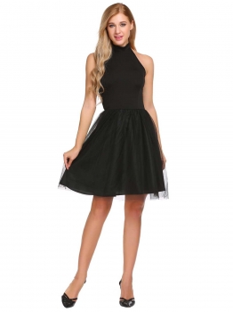 

Black Women Halter Sleeveless Mesh Patchwork A-Line Sexy Casual Dress, Multicolor