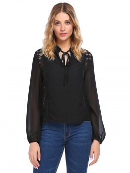 

Black Long Sleeve Mesh Patchwork Chiffon Tops, Multicolor