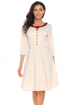 

Beige Keyhole Button Patchwork Dress with Pocket, Multicolor