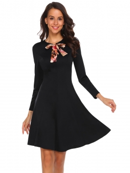

Black Tie-Bow Neck Long Sleeve Solid Dress, Multicolor