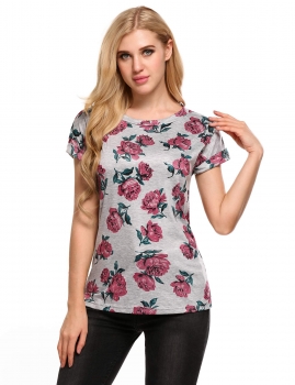 

Grey Floral Print Contrast Color Short Sleeve Basic T-Shirts, Multicolor