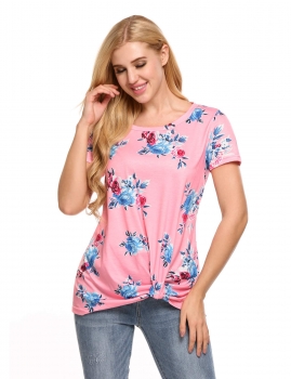 

Pink Knot Hem Short Sleeve Loose Floral T-Shirts, Multicolor