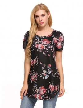 

Short Sleeve Irregular Hem Floral Loose T-Shirts, Multicolor