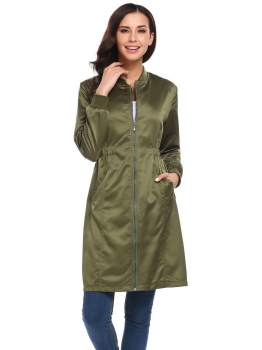 

Army green Women Casual Stand Collar Long Sleeve Pocket Elastic Waist Hem Split Windbreaker Coat, Multicolor