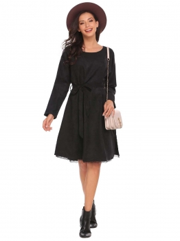 

Black Solid Split Hem O-Neck Long Sleeve Dress with Belt, Multicolor