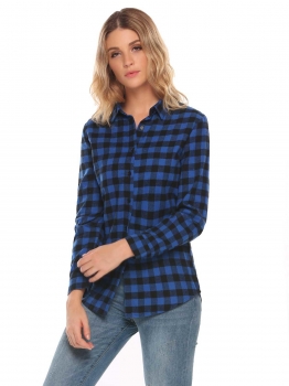 

Blue Turn-down Collar Long Sleeve Plaid Button Shirt Tops, Multicolor