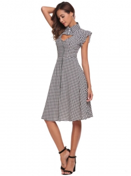 

Black Women Casual Turn-down Collar Short Sleeve Zipper Plaid A-Line Pleated Sexy Dress, Multicolor