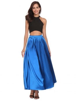 

Blue Women Casual O-Neck Sleeveless Tops with A-Line Pleated Hem Swing Long Skirt, Multicolor