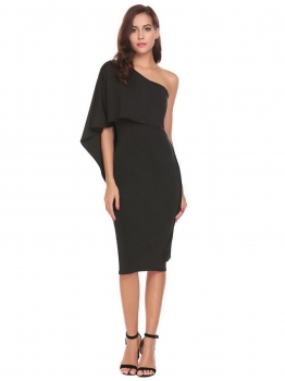 

Black Oblique Collar Sleeveless Solid Side Ruffle Package Hip Hem Split Sexy Party Dress, Multicolor