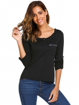 

Women Casual O-Neck Adjustable Sleeve Zipper Button Pocket Decor Blouse T-shirt, Multicolor