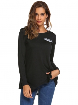 

Black Back Patchwork Fake Pocket Asymmetrical Hem Tops, Multicolor