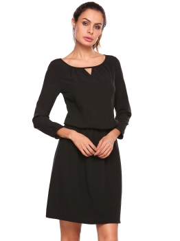 

Black Long Sleeve Solid Elastic Waist Keyhole Dress, Multicolor