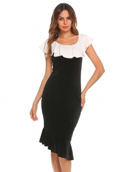 

Black O-Neck Sleeveless Package Hip Ruffle Asymmetrical Hem Sexy Dress, Multicolor